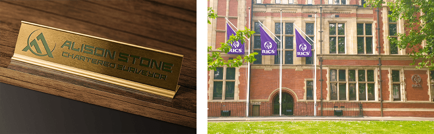 Alison Stone Chartered Surveyor name plage and RICS building in London