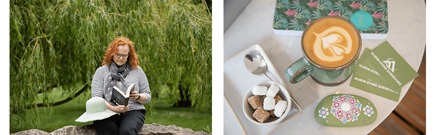 Alison Stone in a park reading a book and assortment of items on a table